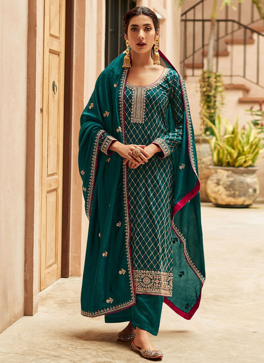 Pakistani Salwar Suit Silk Teal Embroidered Salwar Kameez