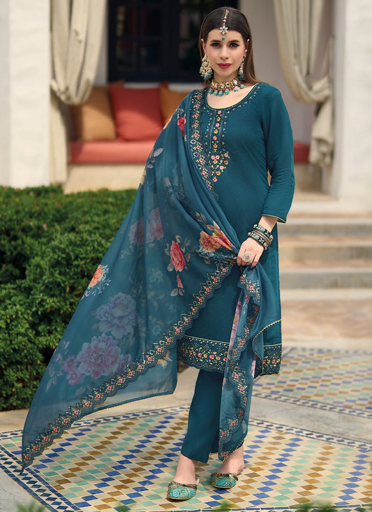 Straight Salwar Suit Silk Viscose Teal Embroidered Salwar Kameez