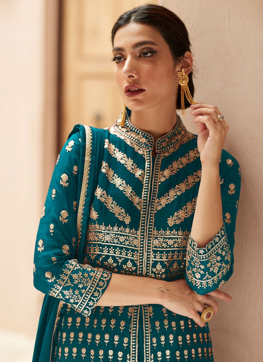 Salwar Suit Georgette Teal Embroidered Salwar Kameez