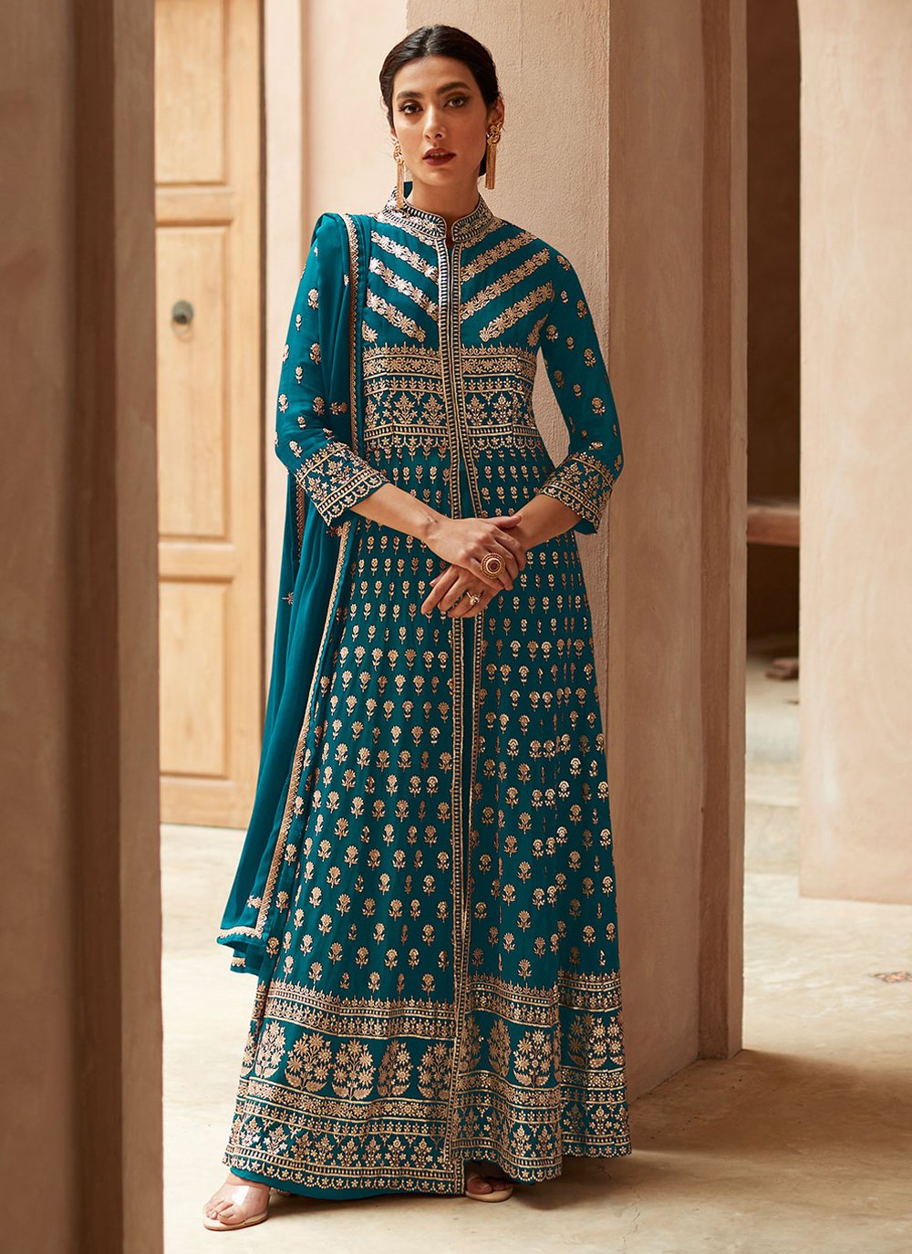 Salwar Suit Georgette Teal Embroidered Salwar Kameez