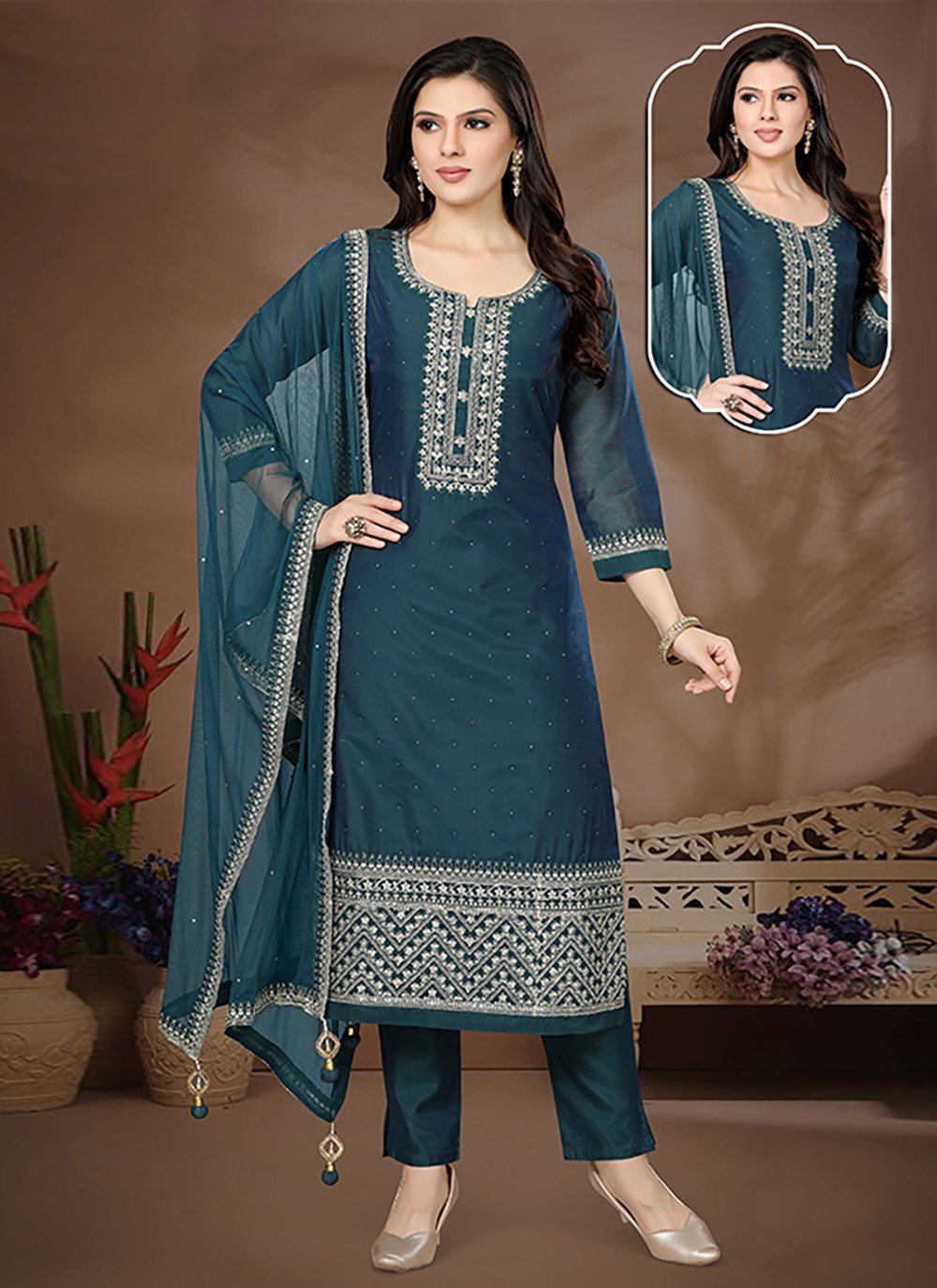 Salwar Suit Silk Teal Crystals Salwar Kameez