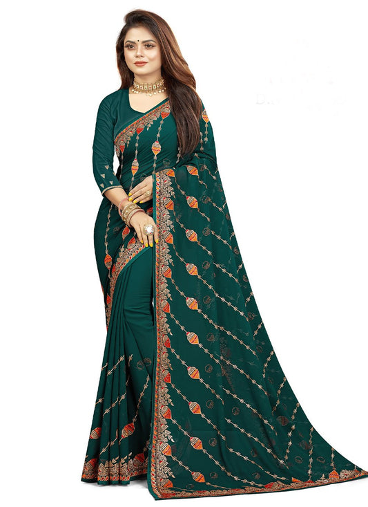 Trendy Saree Fancy Fabric Teal Embroidered Saree