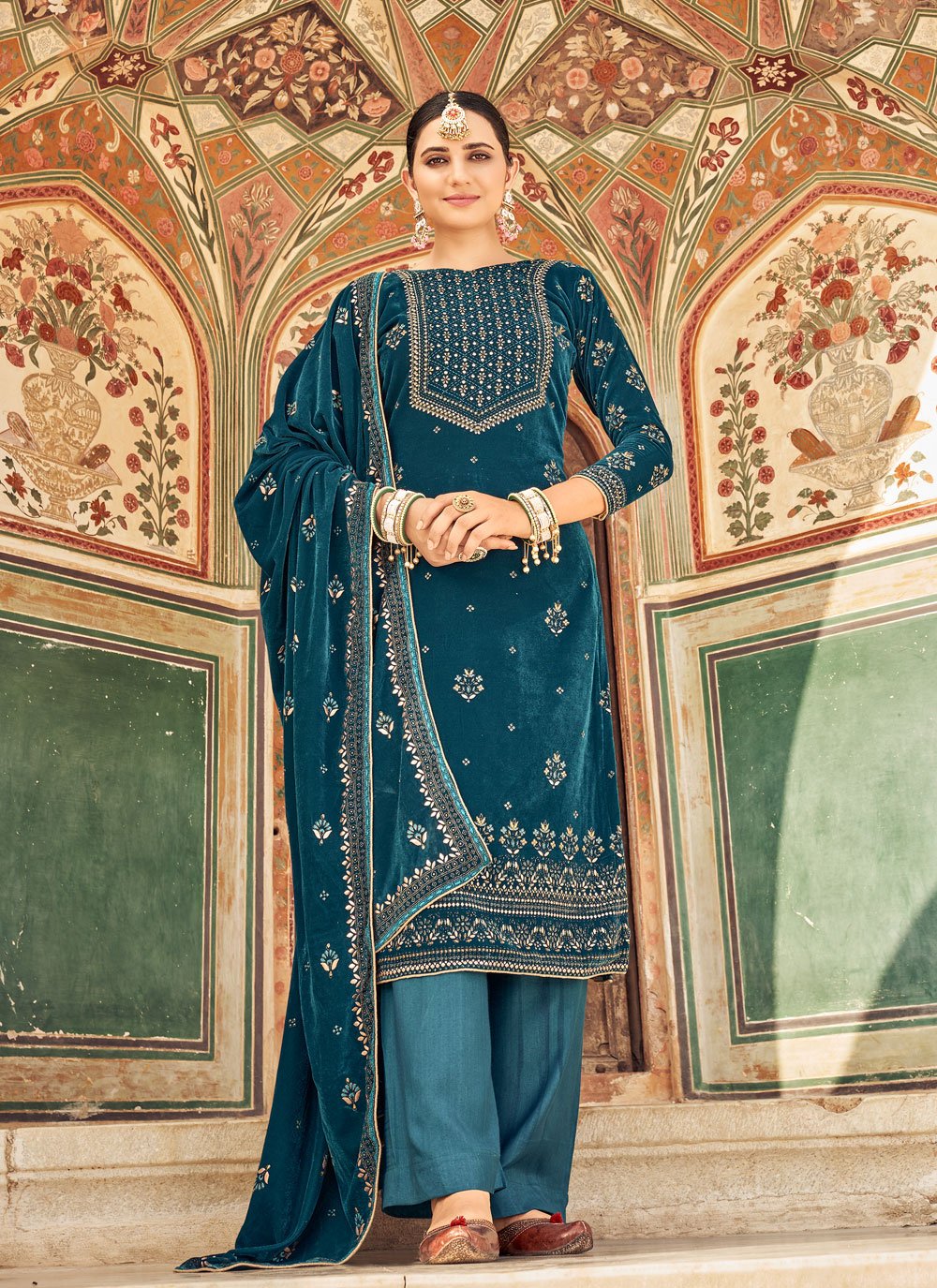 Palazzo Salwar Suit Velvet Teal Embroidered Salwar Kameez