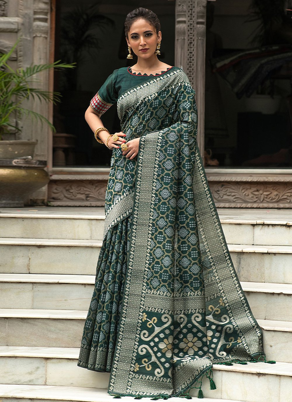 Contemporary Tussar Silk Teal Woven Saree