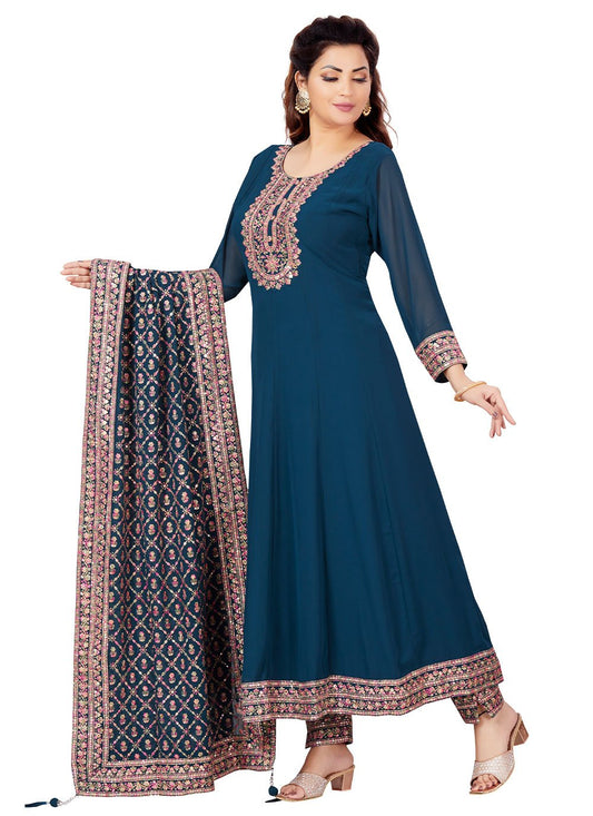 Salwar Suit Chanderi Teal Embroidered Salwar Kameez