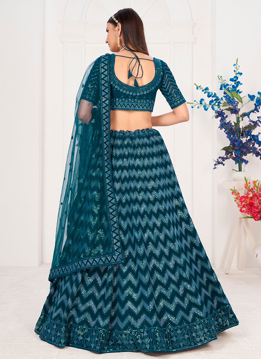 Lehenga Choli Georgette Teal Embroidered Lehenga Choli