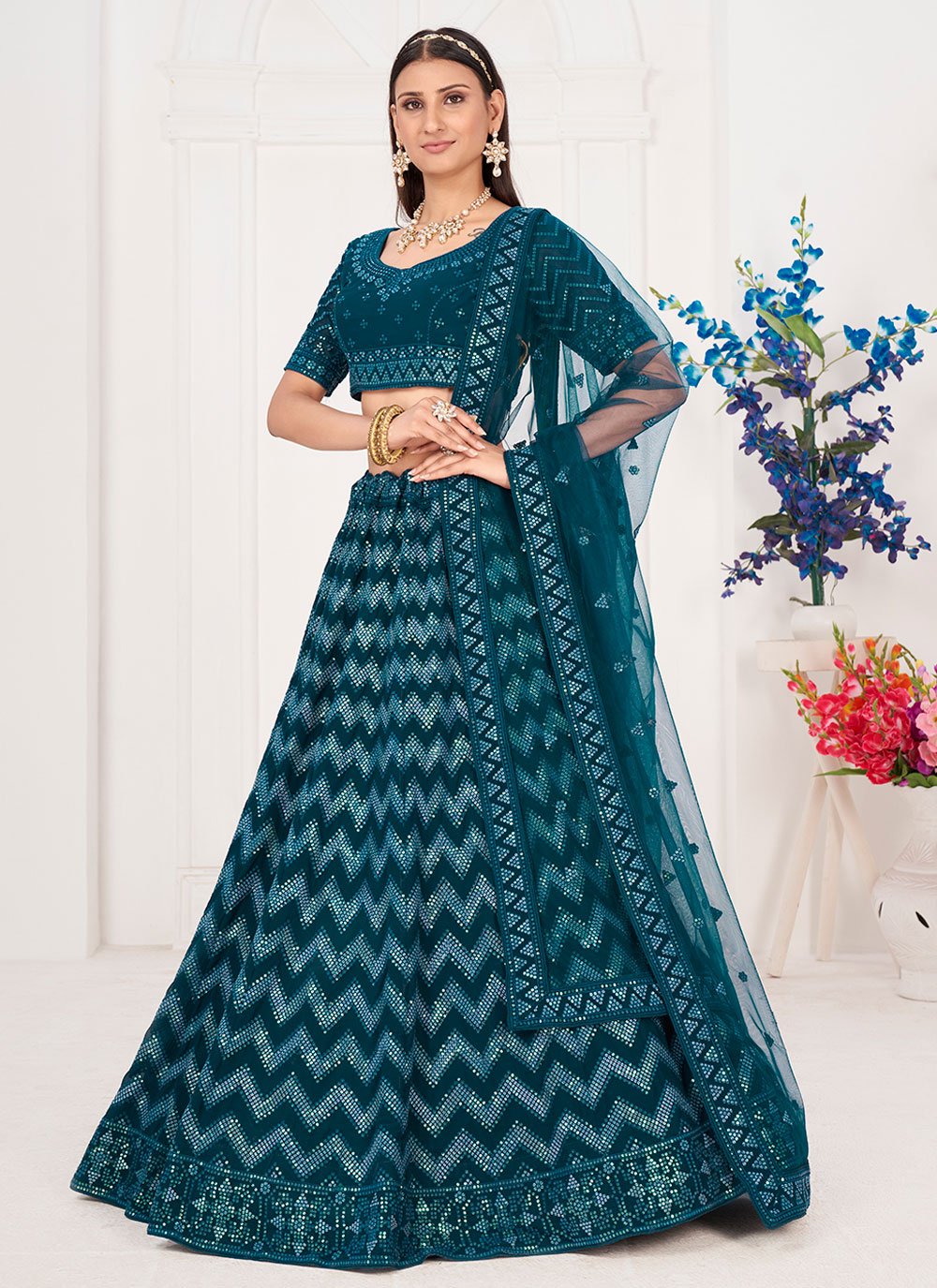 Lehenga Choli Georgette Teal Embroidered Lehenga Choli