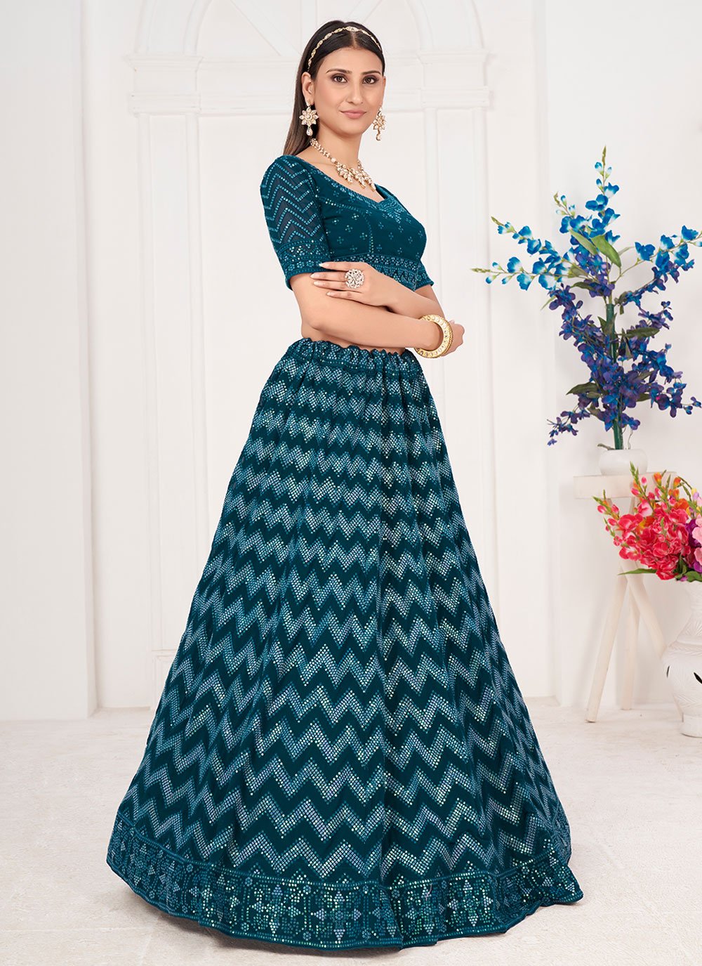 Lehenga Choli Georgette Teal Embroidered Lehenga Choli