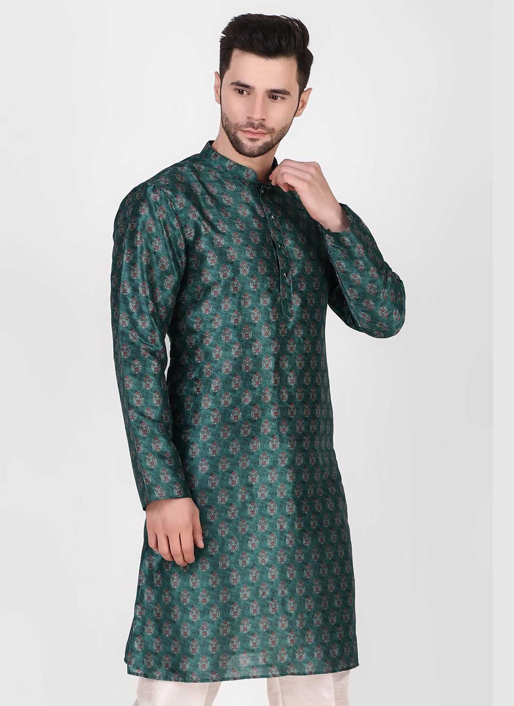 Kurta Pyjama Art Silk Teal Print Mens