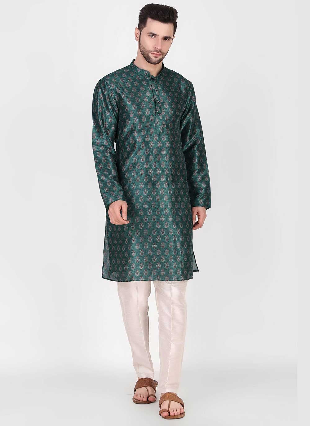 Kurta Pyjama Art Silk Teal Print Mens