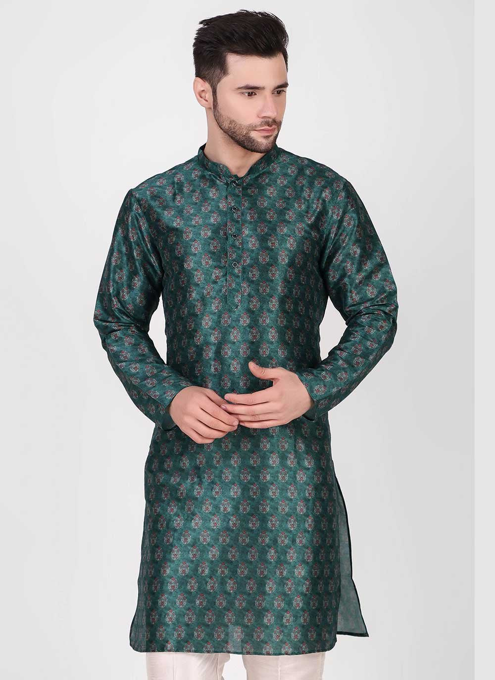 Kurta Pyjama Art Silk Teal Print Mens