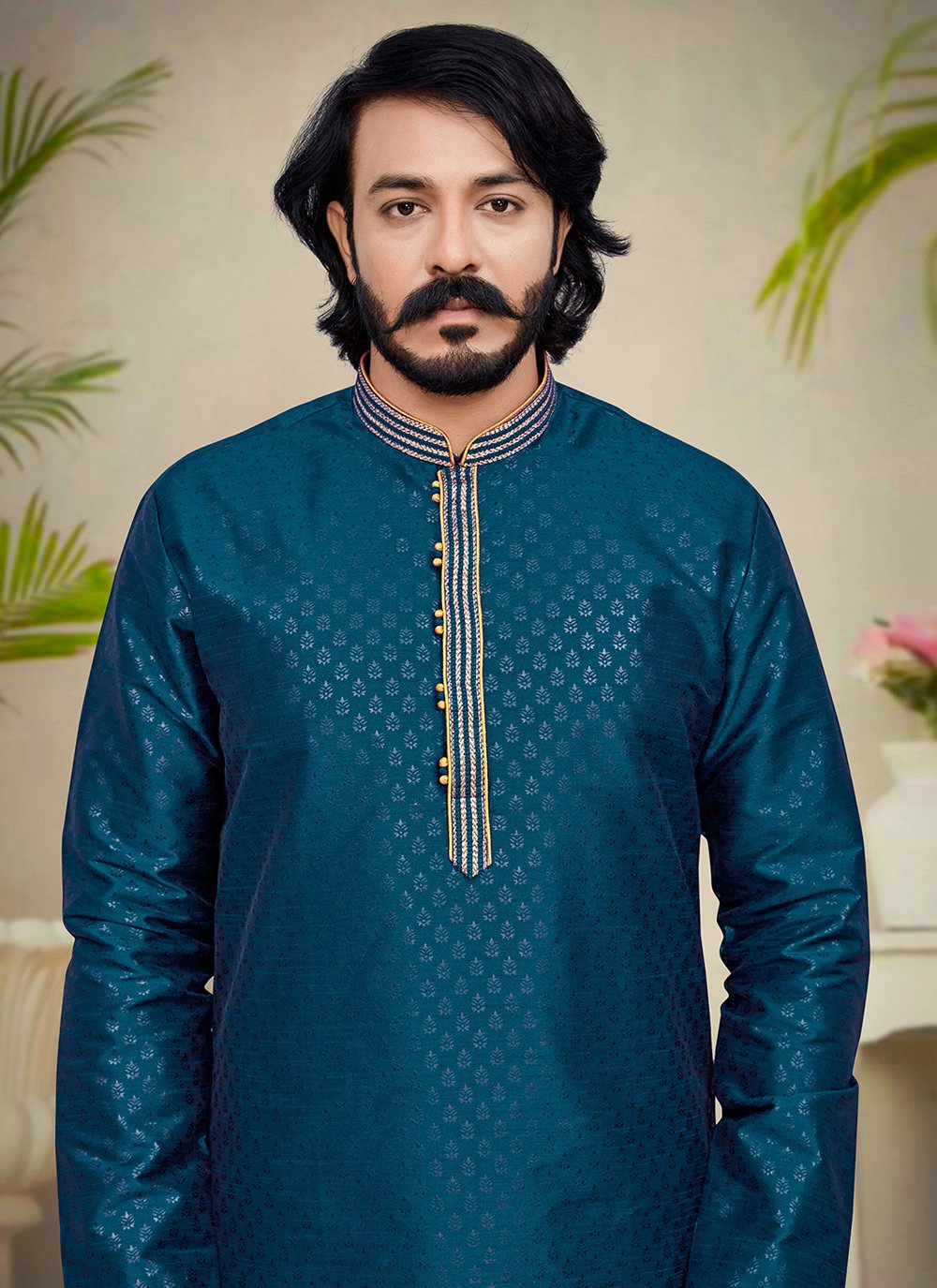 Kurta Pyjama Silk Teal Fancy Work Mens