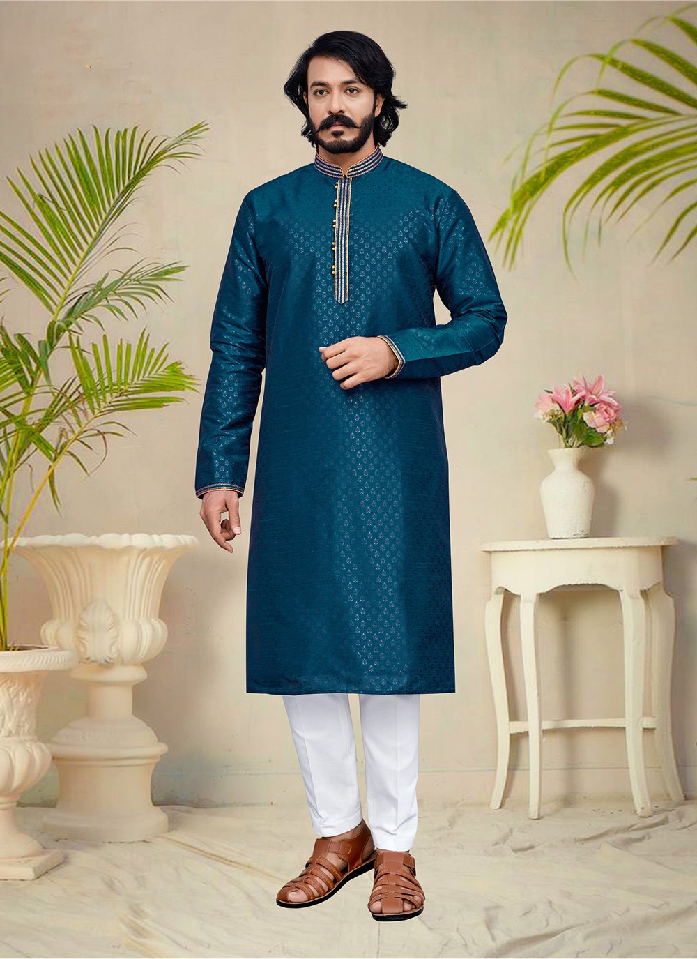 Kurta Pyjama Silk Teal Fancy Work Mens