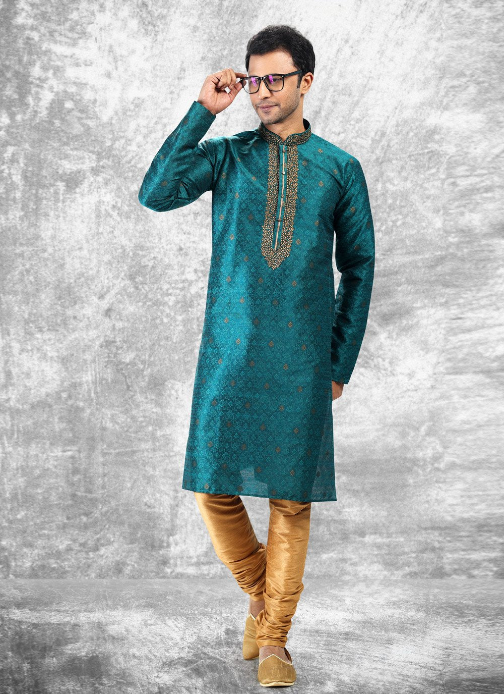 Kurta Pyjama Brocade Jacquard Silk Teal Fancy Work Mens