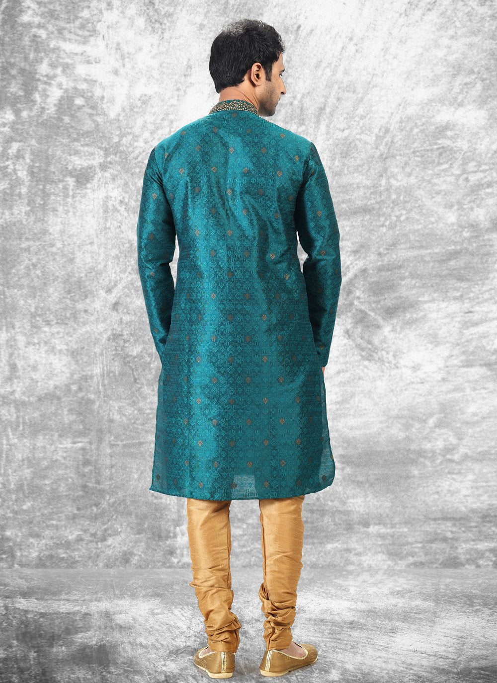 Kurta Pyjama Brocade Jacquard Silk Teal Fancy Work Mens