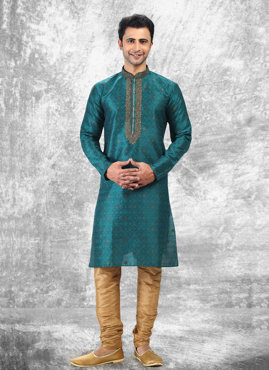 Kurta Pyjama Brocade Jacquard Silk Teal Fancy Work Mens