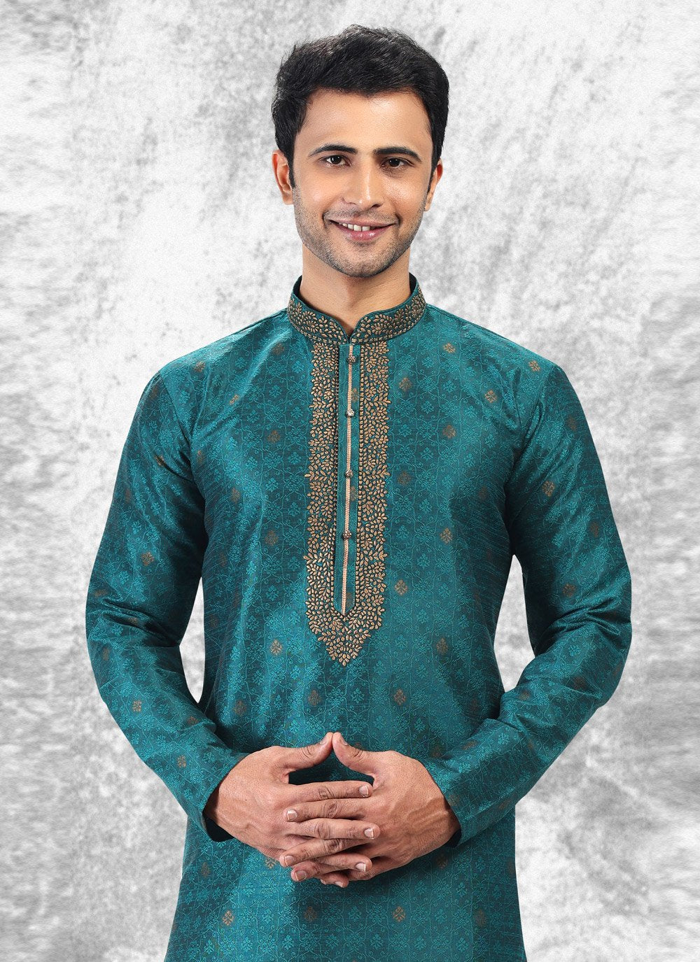 Kurta Pyjama Brocade Jacquard Silk Teal Fancy Work Mens