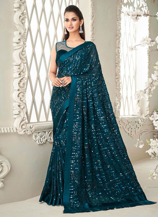 Trendy Saree Georgette Teal Fancy Work Saree