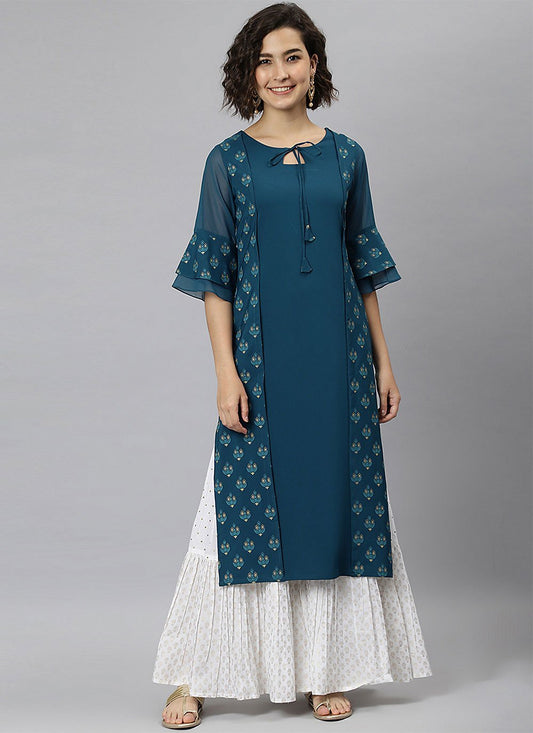 Party Wear Kurti Faux Crepe Teal Print Kurtis