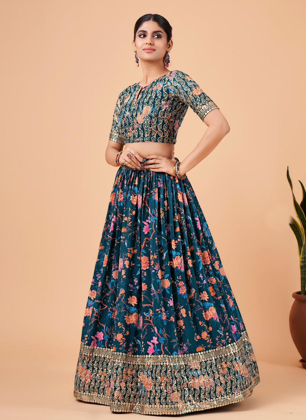 A Line Lehenga Faux Georgette Teal Embroidered Lehenga Choli