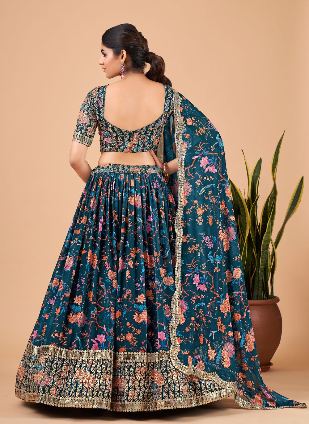 A Line Lehenga Faux Georgette Teal Embroidered Lehenga Choli