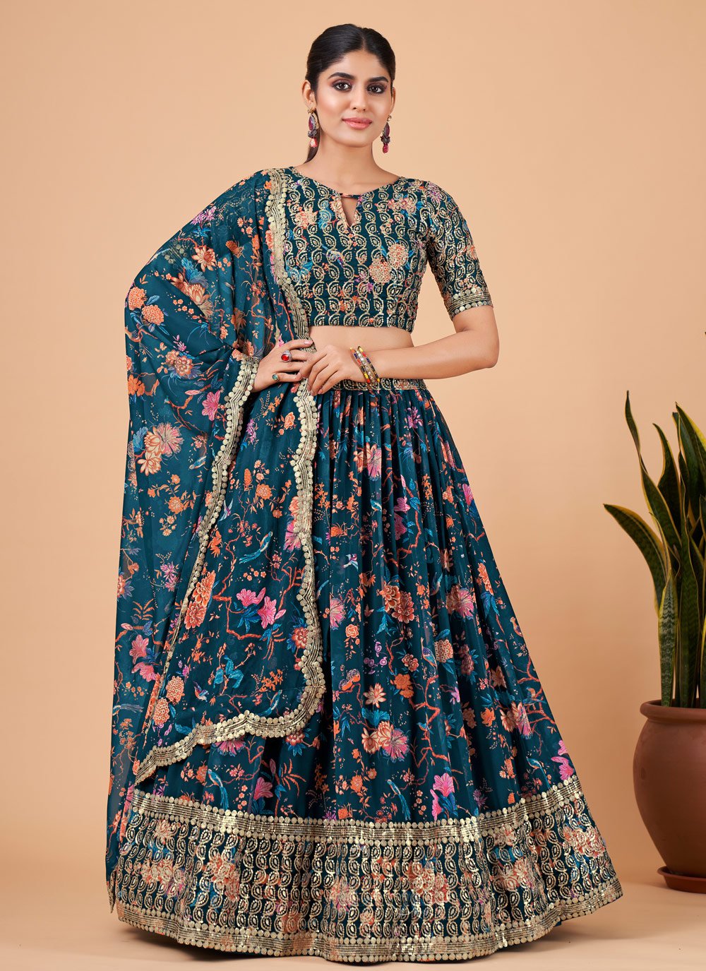 A Line Lehenga Faux Georgette Teal Embroidered Lehenga Choli