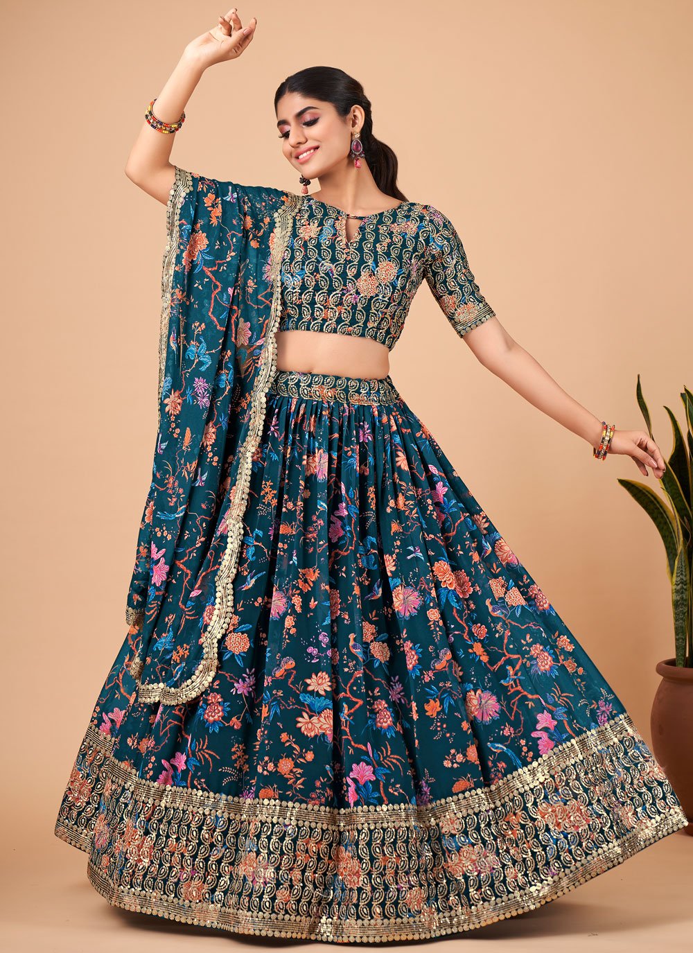 A Line Lehenga Faux Georgette Teal Embroidered Lehenga Choli