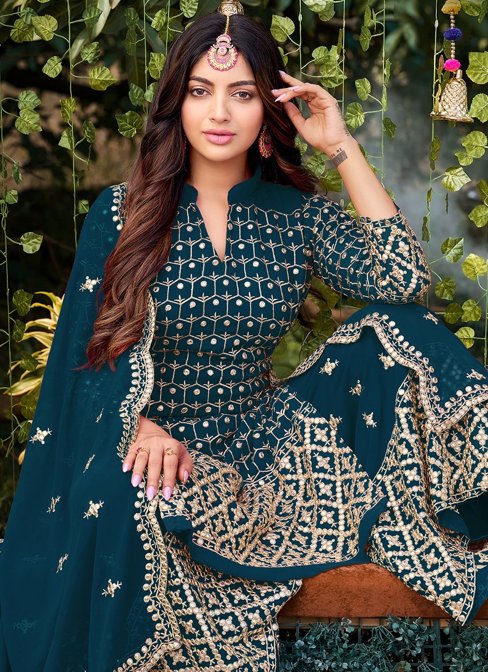 Salwar Suit Faux Georgette Teal Embroidered Salwar Kameez