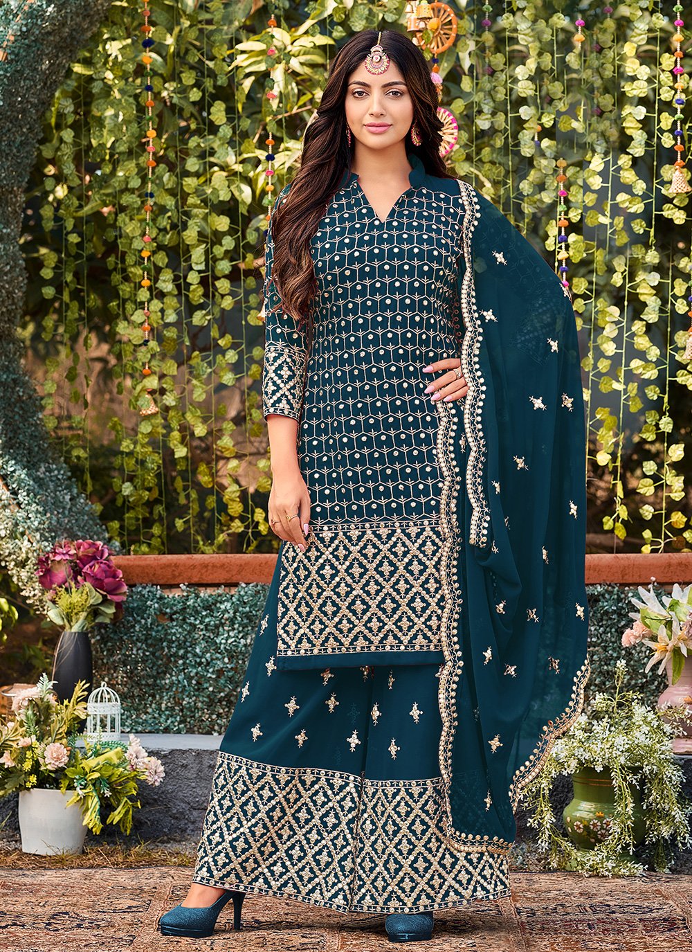 Salwar Suit Faux Georgette Teal Embroidered Salwar Kameez