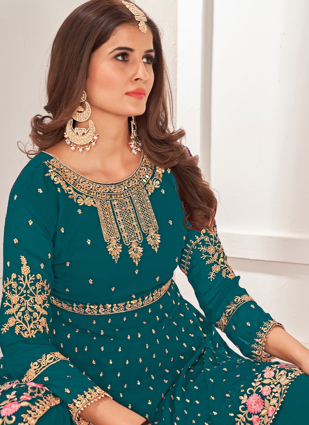 Palazzo Salwar Suit Faux Georgette Teal Embroidered Salwar Kameez