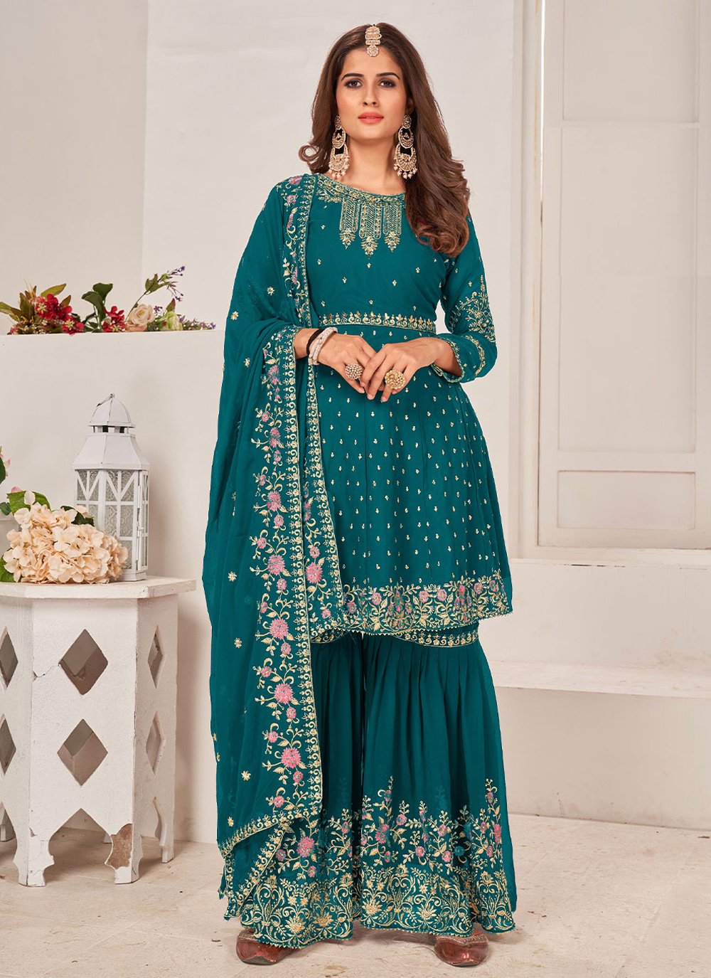 Palazzo Salwar Suit Faux Georgette Teal Embroidered Salwar Kameez