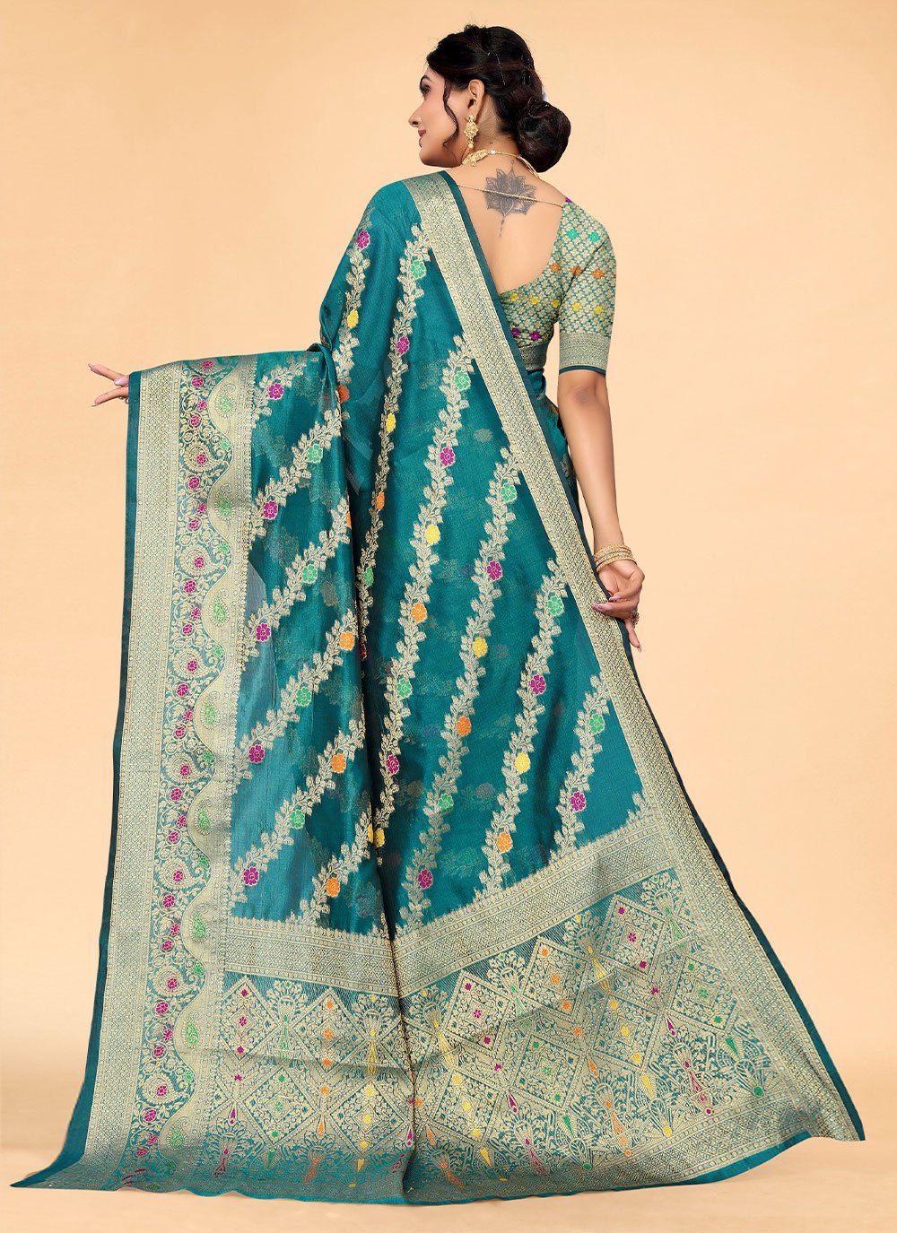 Classic Organza Teal Woven Saree