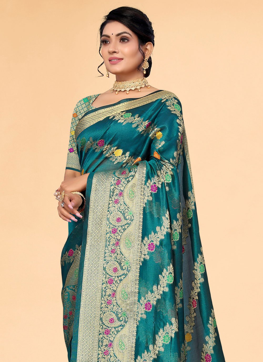 Classic Organza Teal Woven Saree