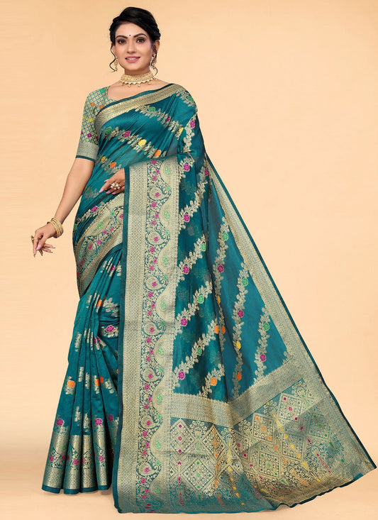 Classic Organza Teal Woven Saree