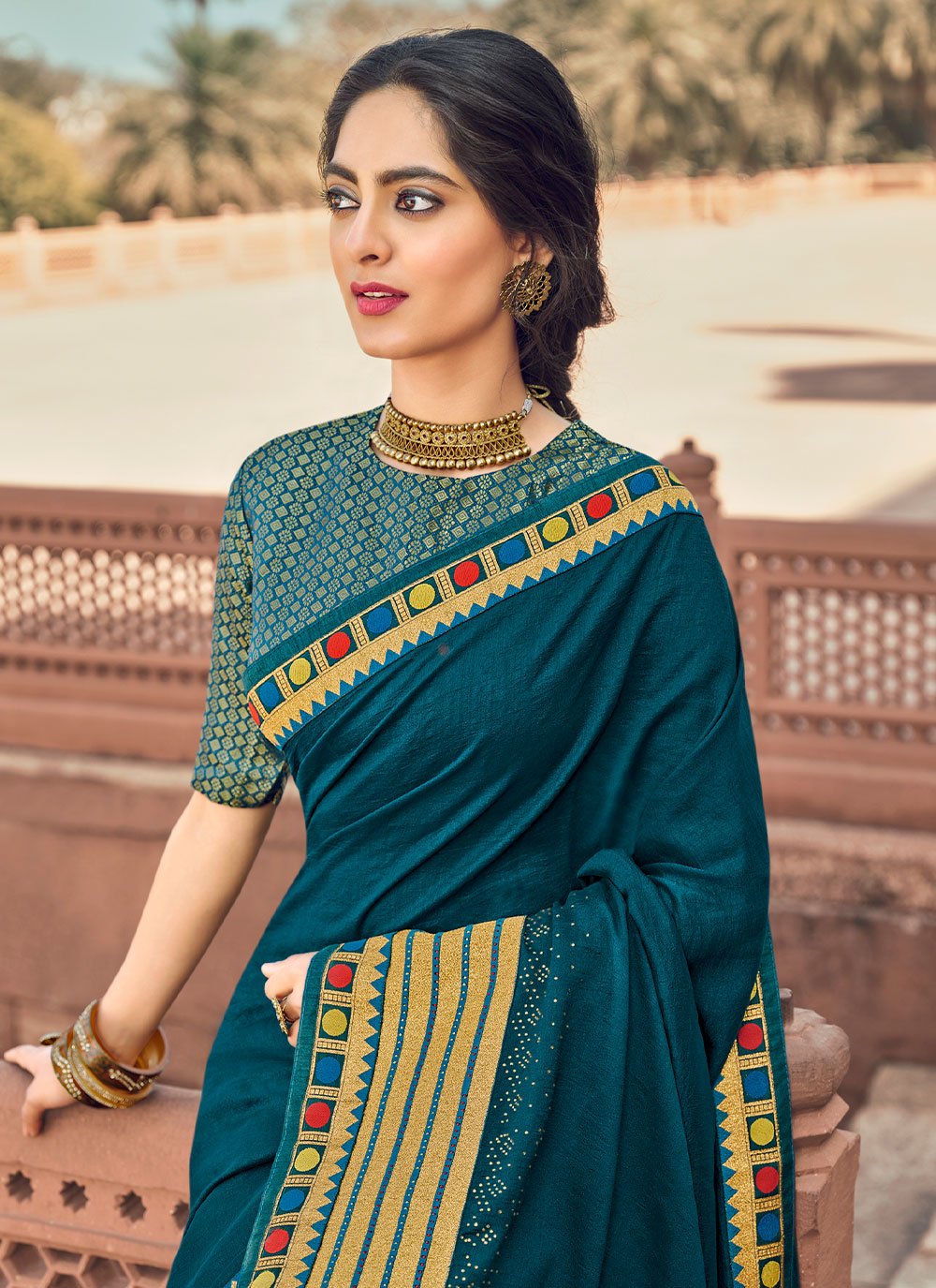 Contemporary Vichitra Silk Teal Embroidered Saree