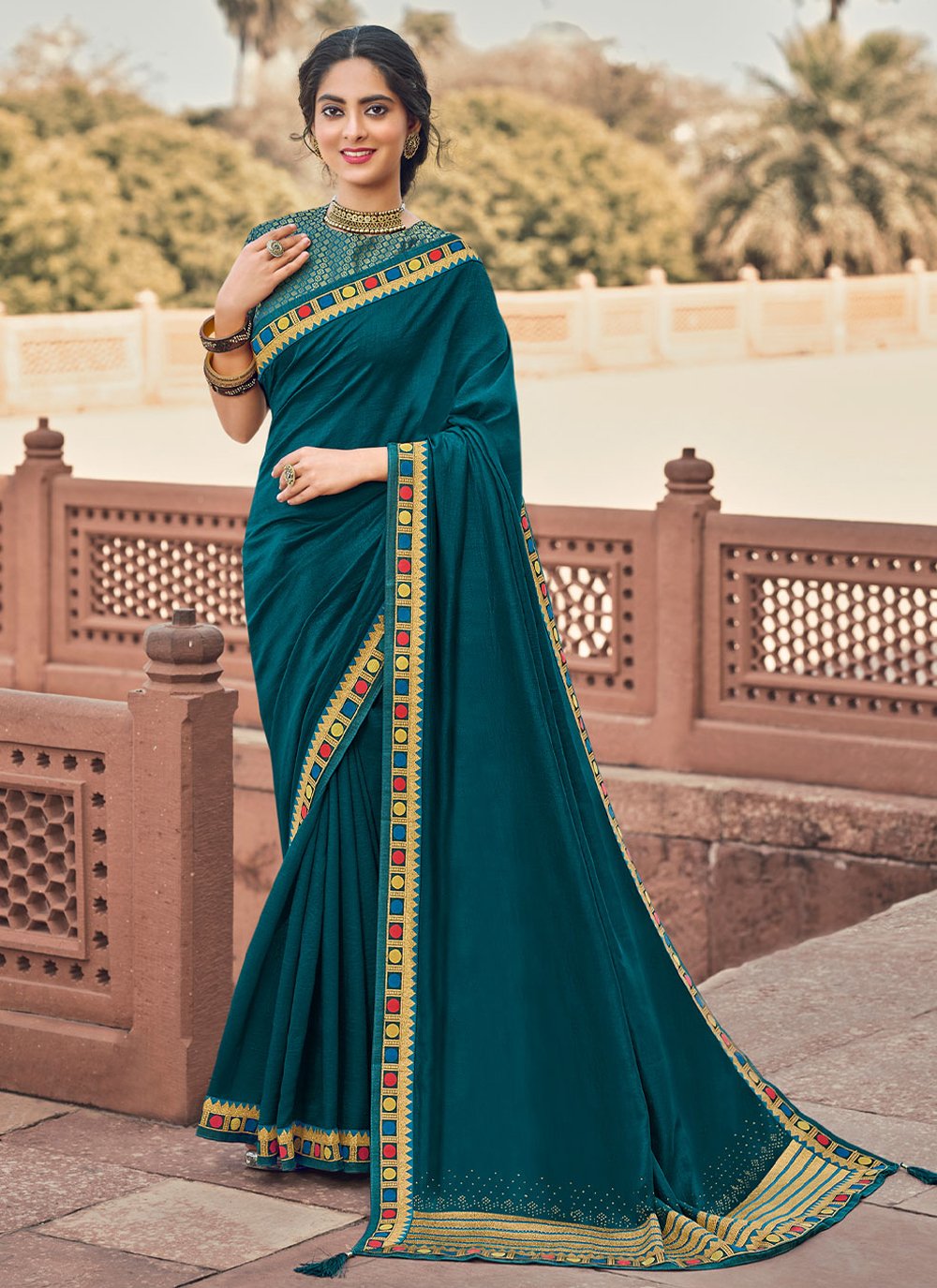 Contemporary Vichitra Silk Teal Embroidered Saree