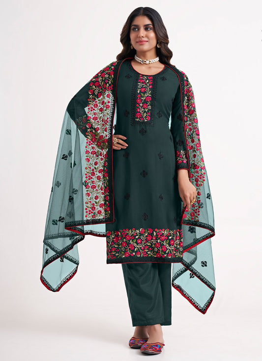 Salwar Suit Georgette Teal Embroidered Salwar Kameez