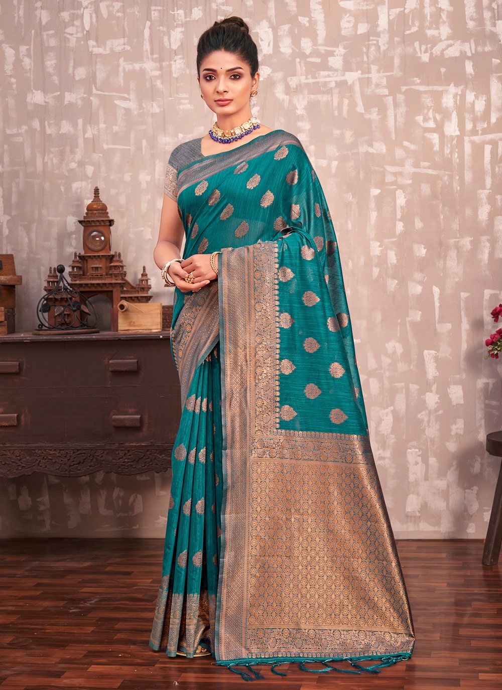 Traditional Saree Cotton Silk Teal Embroidered Saree