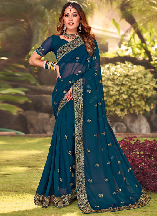 Trendy Saree Georgette Teal Embroidered Saree