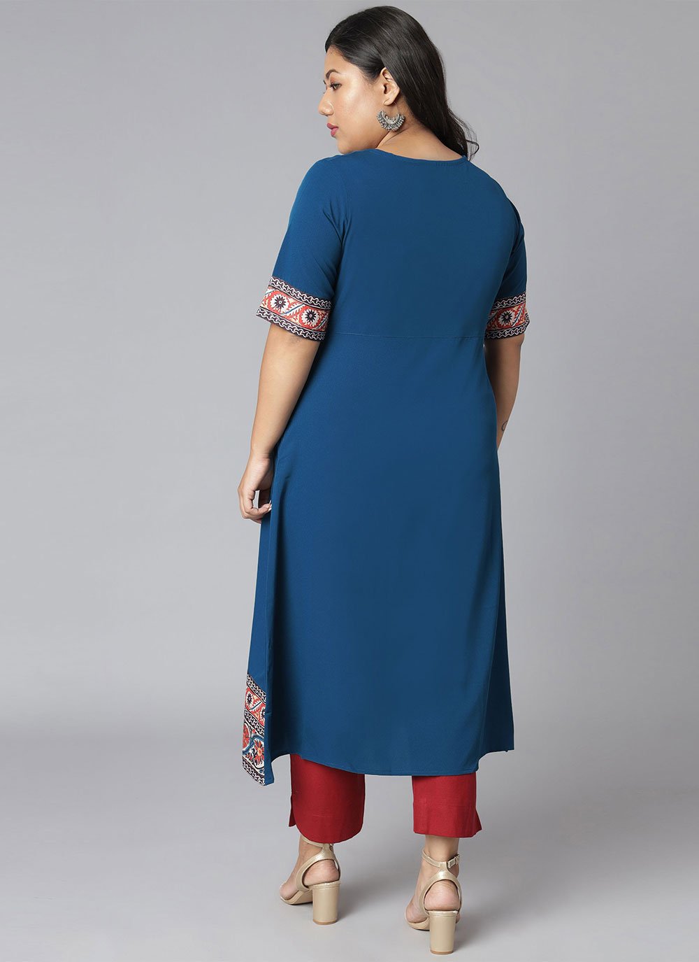 Casual Kurti Faux Crepe Teal Floral Patch Kurtis