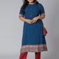 Casual Kurti Faux Crepe Teal Floral Patch Kurtis