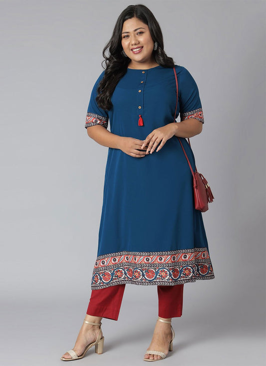 Casual Kurti Faux Crepe Teal Floral Patch Kurtis