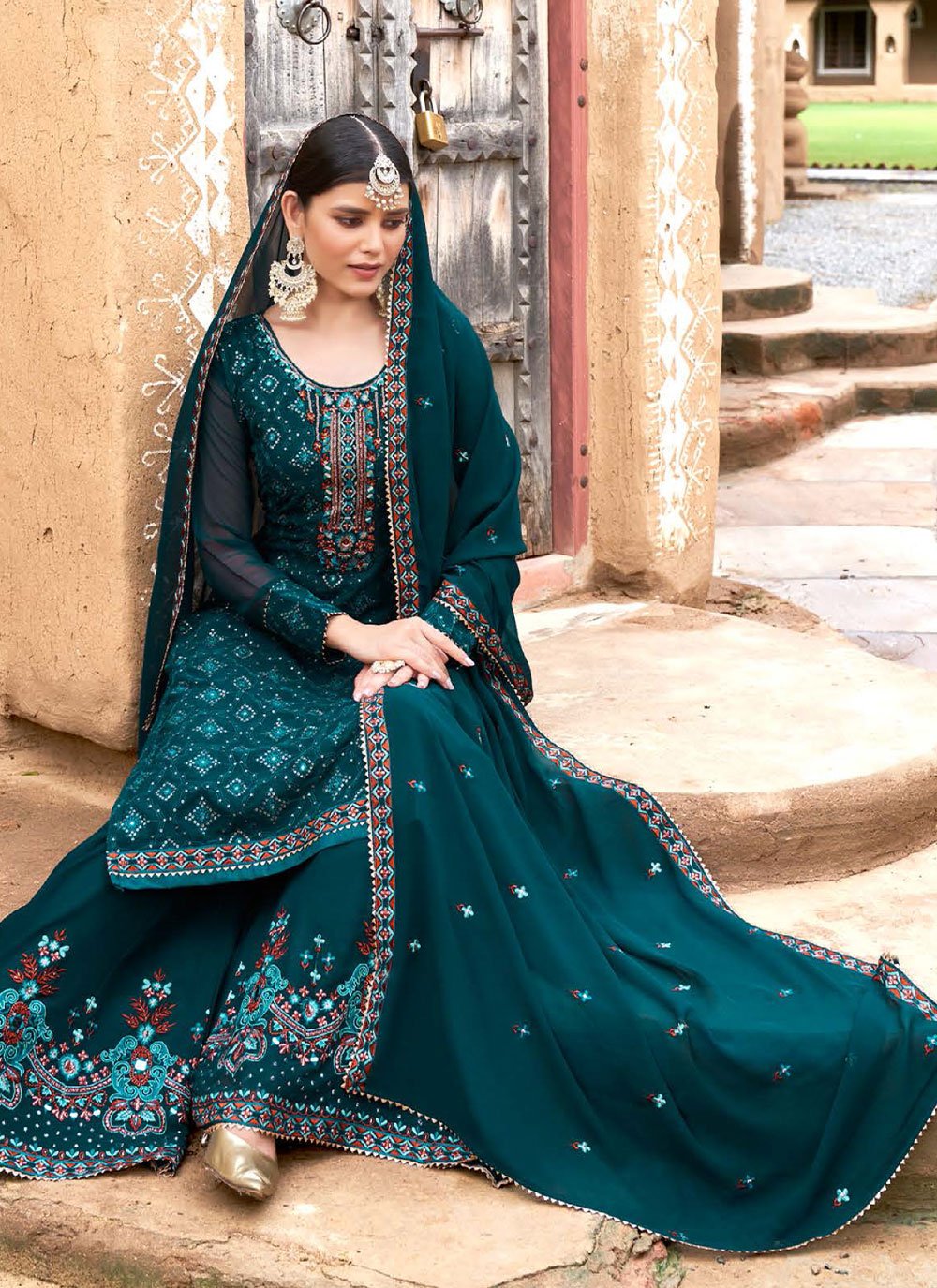 Palazzo Salwar Suit Georgette Teal Embroidered Salwar Kameez