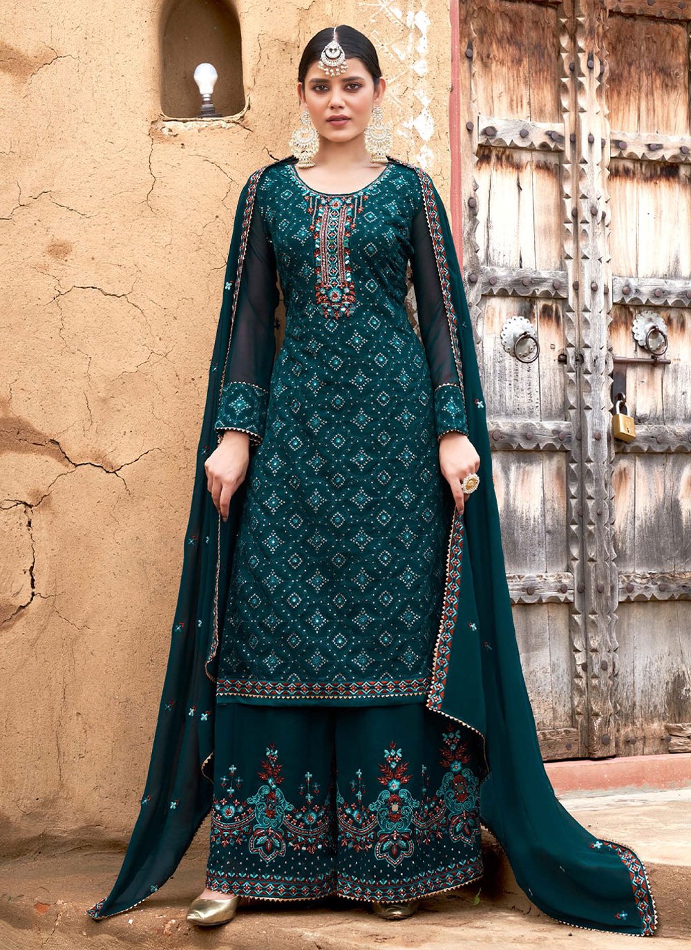 Palazzo Salwar Suit Georgette Teal Embroidered Salwar Kameez