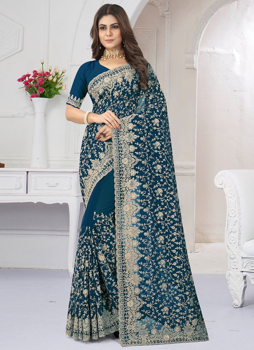 Classic Georgette Teal Diamond Saree