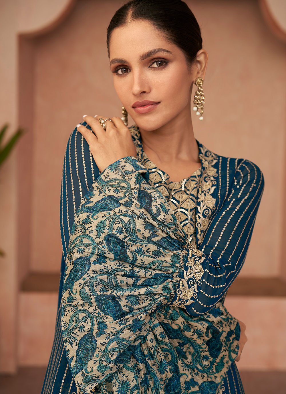 A Line Lehenga Georgette Teal Print Lehenga Choli