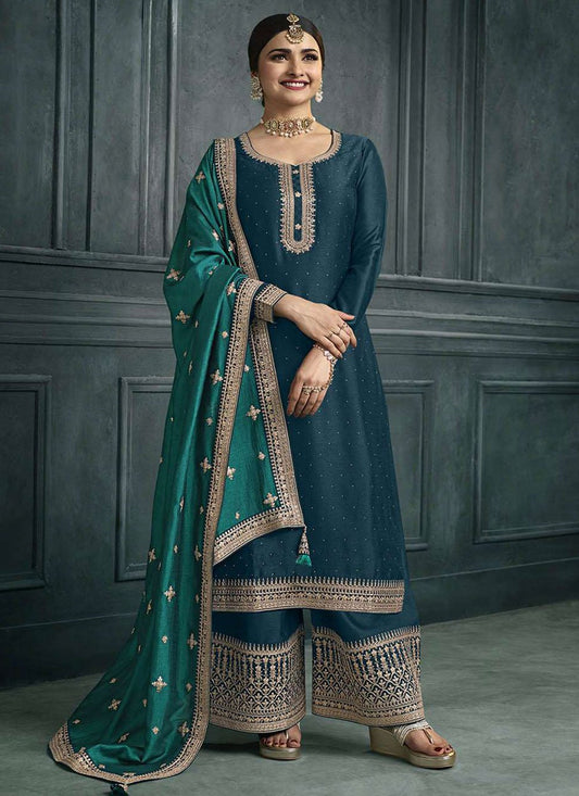 Pakistani Salwar Suit Georgette Silk Teal Embroidered Salwar Kameez