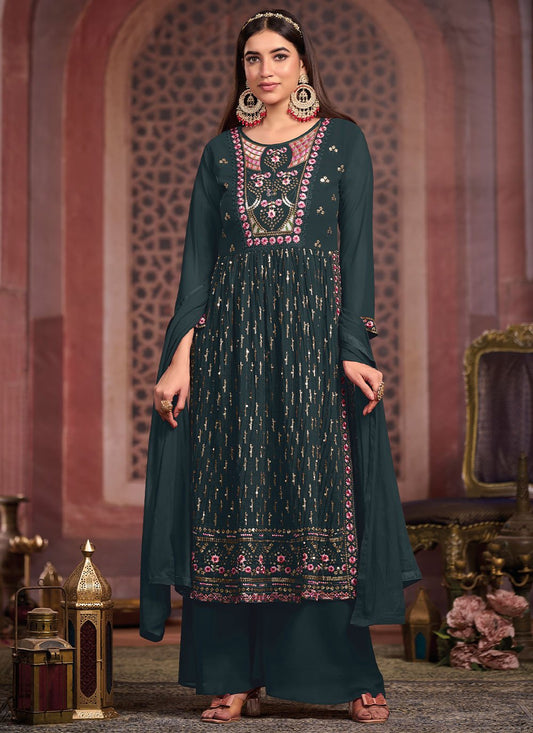 Palazzo Salwar Suit Georgette Teal Embroidered Salwar Kameez