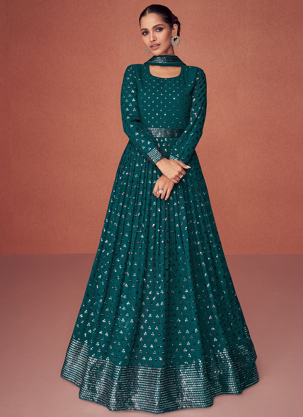 Salwar Suit Georgette Teal Embroidered Salwar Kameez