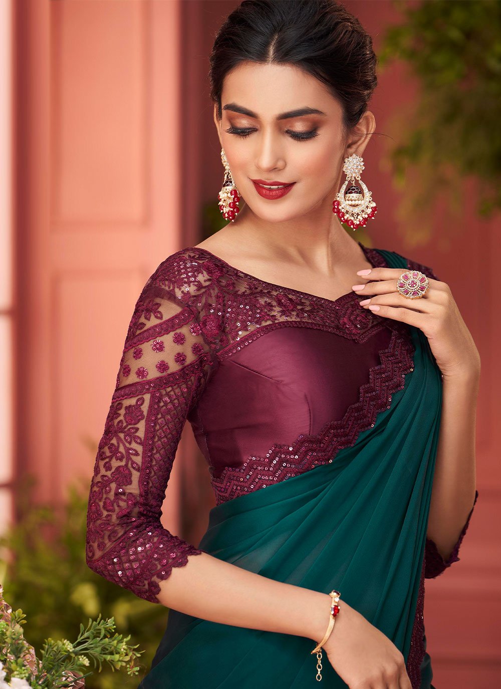 Classic Georgette Teal Lace Saree